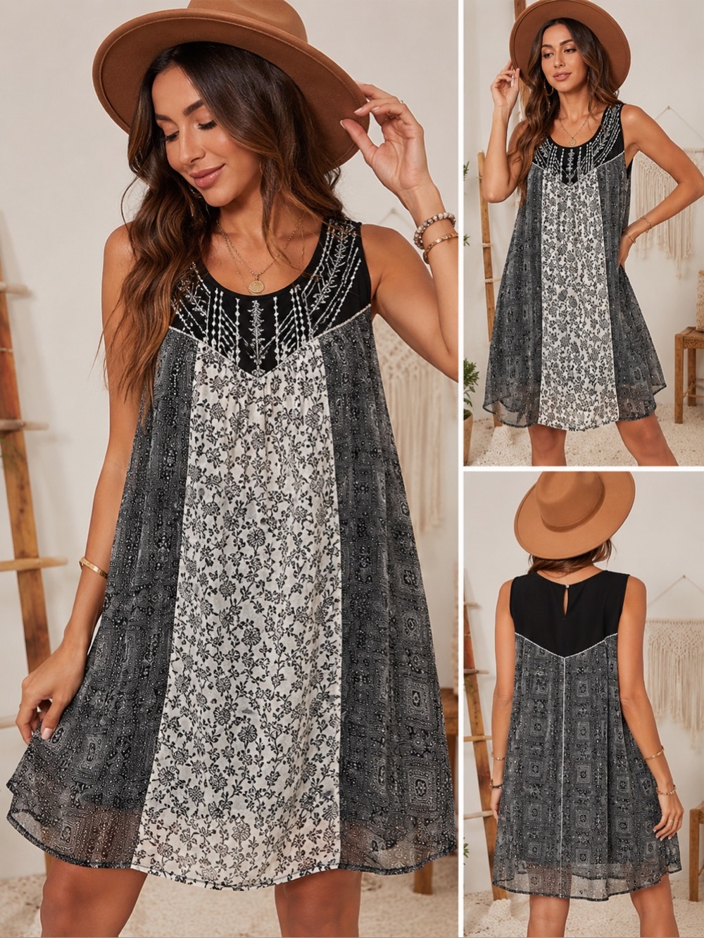 Rewind Black & White Floral Paneled Swing Sleeveless Tank Dress‎ Medium